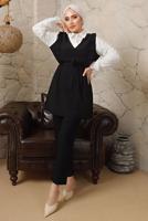 Tesettür giyim SİYAH GÖMLEK GARNİLİ FIRFIR DETAYLI BÜRÜMCÜK TAKIM T 5003 