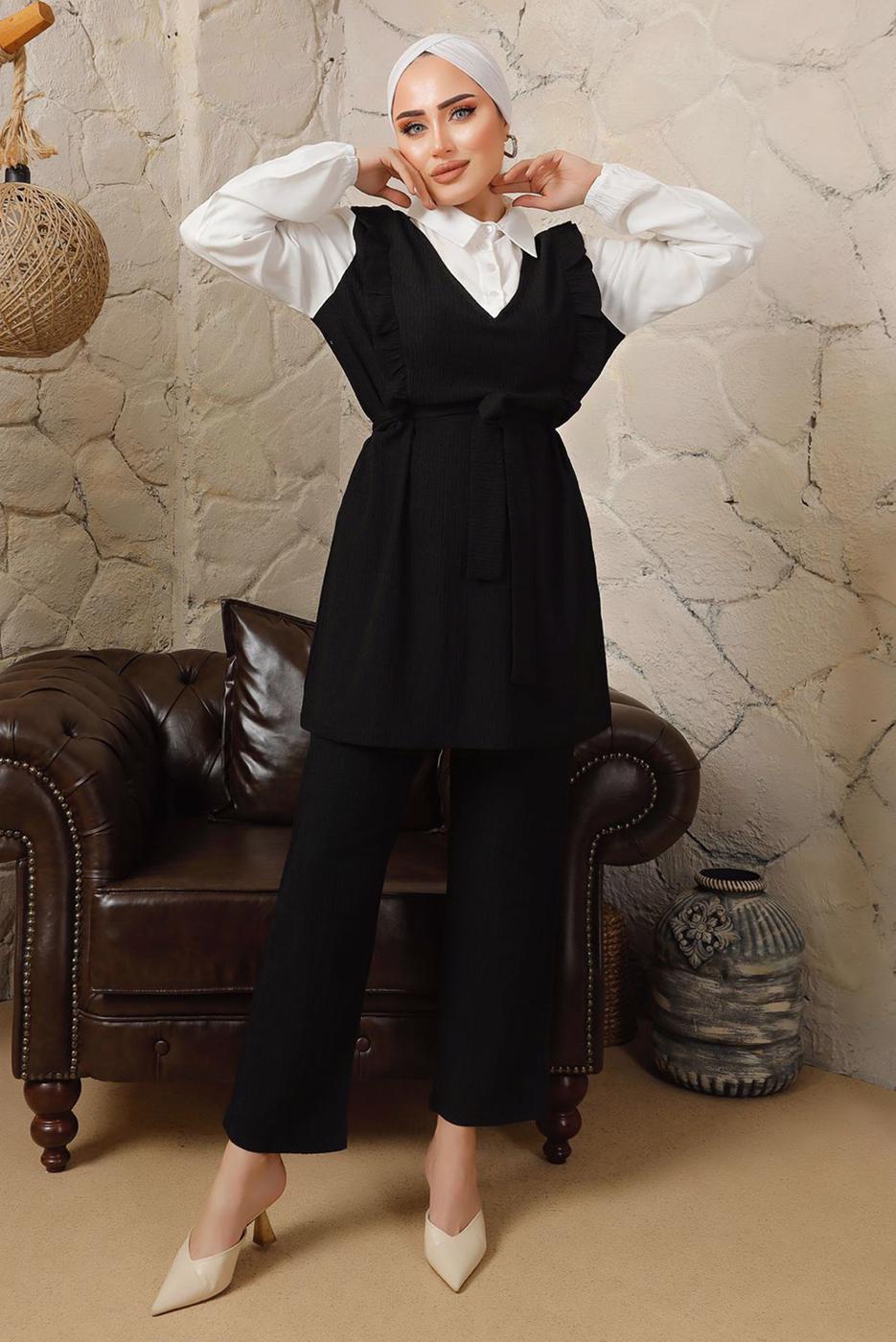 Tesettür giyim SİYAH GÖMLEK GARNİLİ FIRFIR DETAYLI BÜRÜMCÜK TAKIM T 5003 