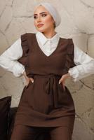 Tesettür giyim KAHVE GÖMLEK GARNİLİ FIRFIR DETAYLI BÜRÜMCÜK TAKIM T 5003 