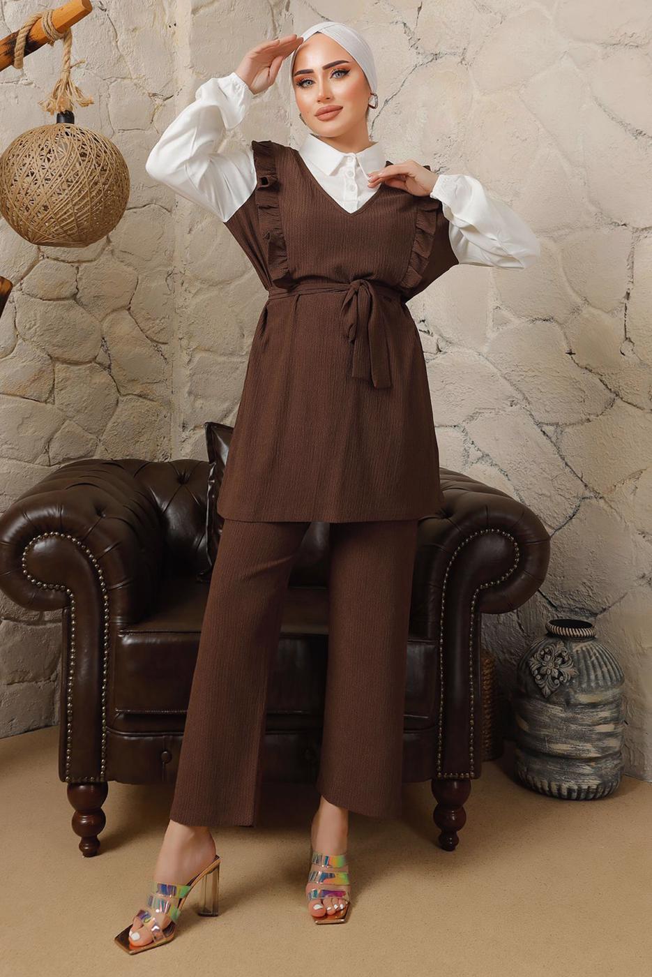 Tesettür giyim KAHVE GÖMLEK GARNİLİ FIRFIR DETAYLI BÜRÜMCÜK TAKIM T 5003 