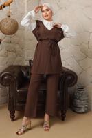 Tesettür giyim KAHVE GÖMLEK GARNİLİ FIRFIR DETAYLI BÜRÜMCÜK TAKIM T 5003 