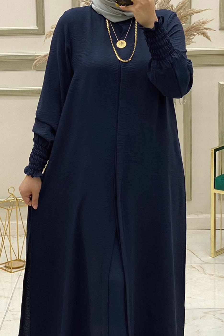 Tesettür giyim LACİVERT MANŞETLERİ LASTİKLİ İKİLİ PANTOLONLU TAKIM T 50040