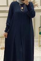 Tesettür giyim LACİVERT MANŞETLERİ LASTİKLİ İKİLİ PANTOLONLU TAKIM T 50040