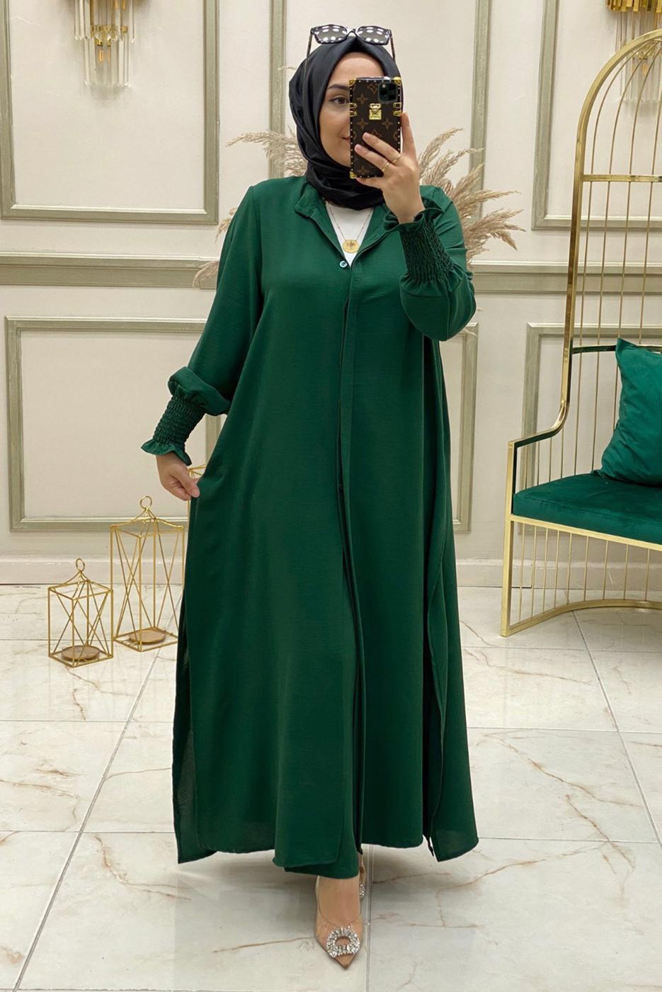 Tesettür giyim YEŞİL MANŞETLERİ LASTİKLİ İKİLİ PANTOLONLU TAKIM T 50040