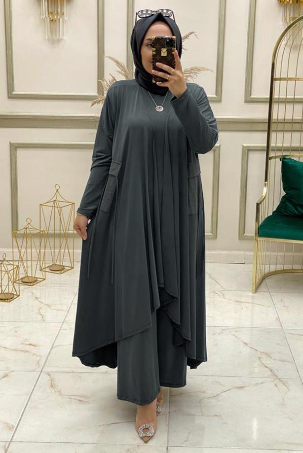 Hijab clothing GREY ASYMMETRIC CUT 3-PIECE PANTS SUIT WITH ELASTIC WAIST T 50085 - TRENDTESETTÜR