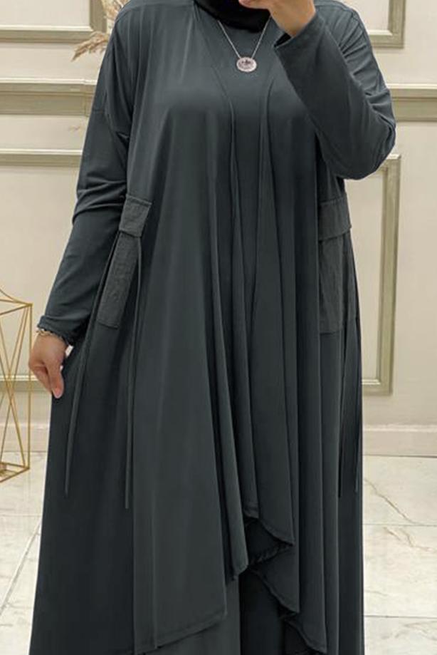 Hijab clothing GREY ASYMMETRIC CUT 3-PIECE PANTS SUIT WITH ELASTIC WAIST T 50085 - TRENDTESETTÜR