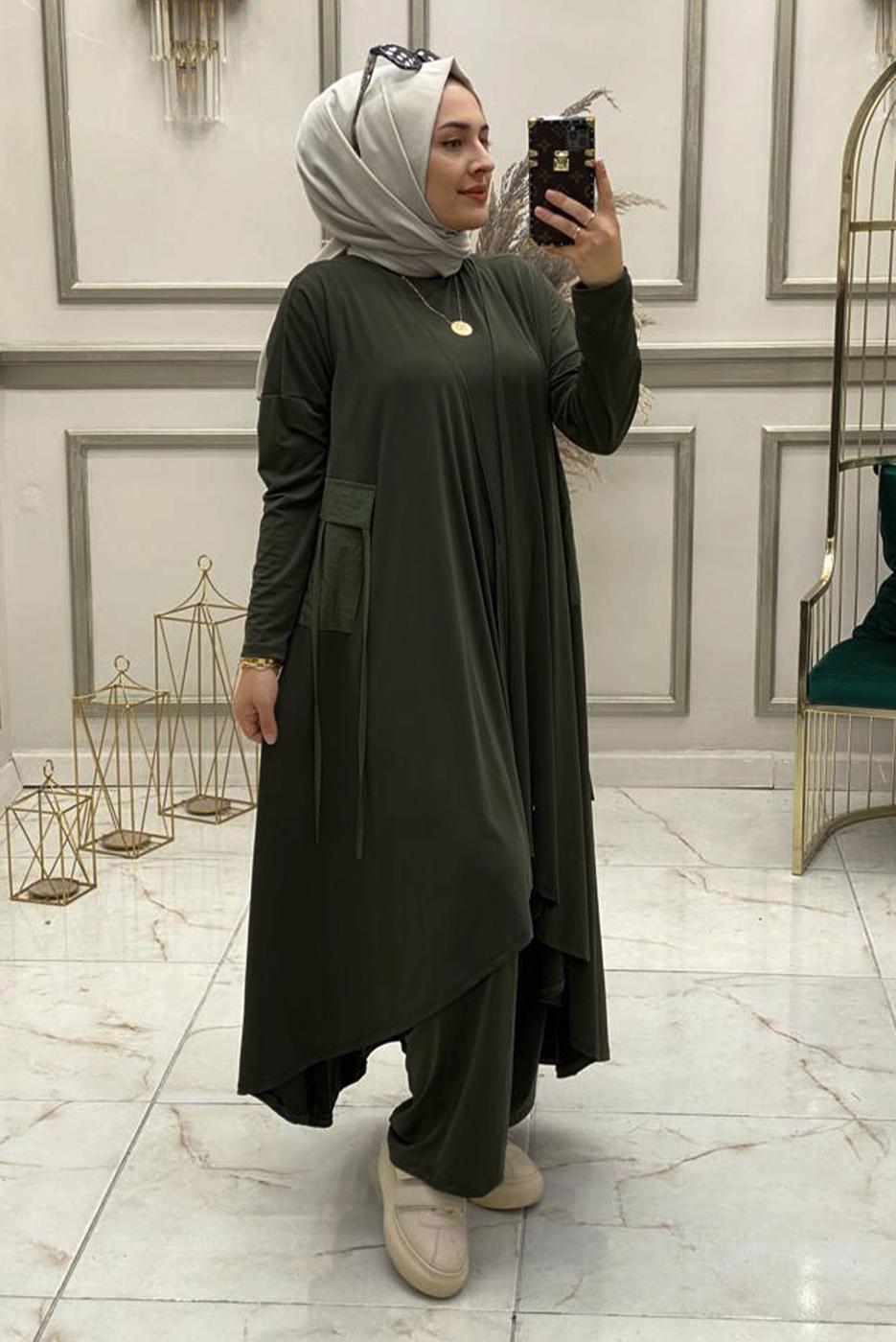 Tesettür giyim HAKİ ASİMETRİK KESİM BELİ LASTİKLİ ÜÇLÜ PANTOLONLU TAKIM T 50085