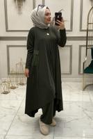 Tesettür giyim HAKİ ASİMETRİK KESİM BELİ LASTİKLİ ÜÇLÜ PANTOLONLU TAKIM T 50085