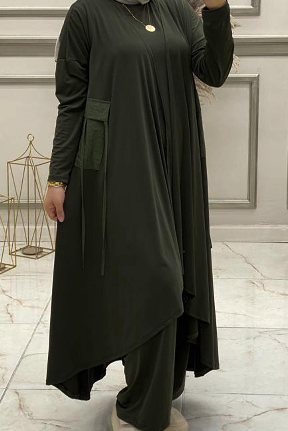 Tesettür giyim HAKİ ASİMETRİK KESİM BELİ LASTİKLİ ÜÇLÜ PANTOLONLU TAKIM T 50085