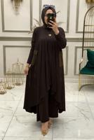 Tesettür giyim KAHVE ASİMETRİK KESİM BELİ LASTİKLİ ÜÇLÜ PANTOLONLU TAKIM T 50085