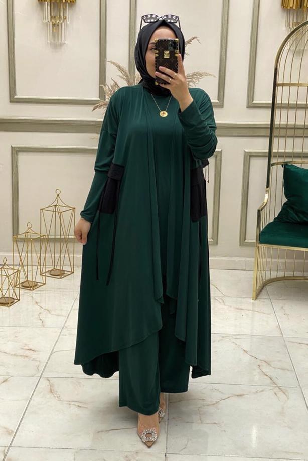 Tesettür giyim YEŞİL ASİMETRİK KESİM BELİ LASTİKLİ ÜÇLÜ PANTOLONLU TAKIM T 50085 - TRENDTESETTÜR