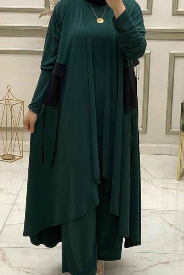 Tesettür giyim YEŞİL ASİMETRİK KESİM BELİ LASTİKLİ ÜÇLÜ PANTOLONLU TAKIM T 50085 - TRENDTESETTÜR