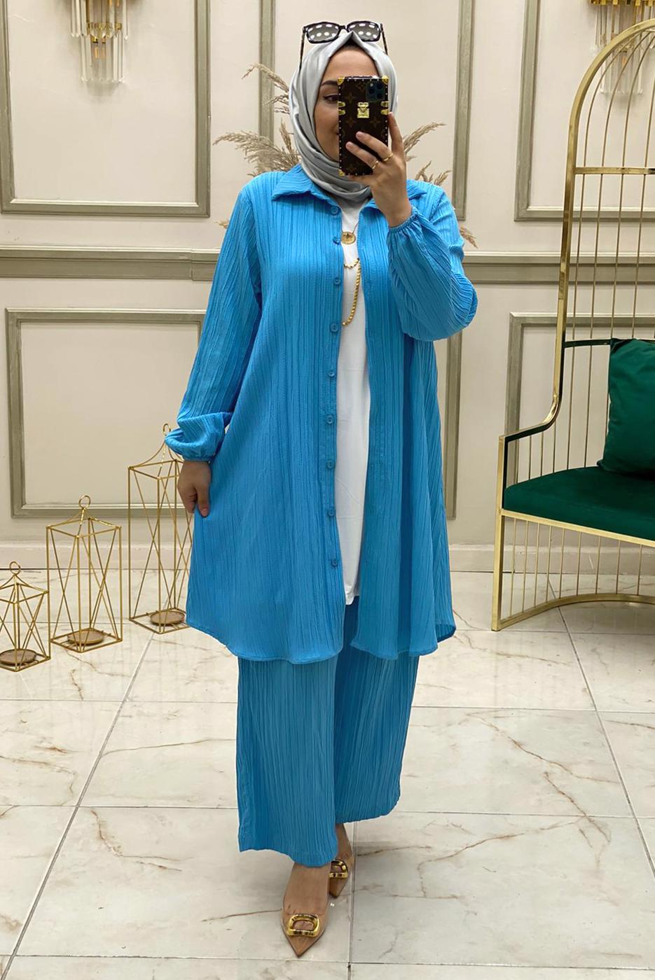 Hijab clothing BLUE BUTTONED PANTS SUIT WITH NECKLACE T 50147