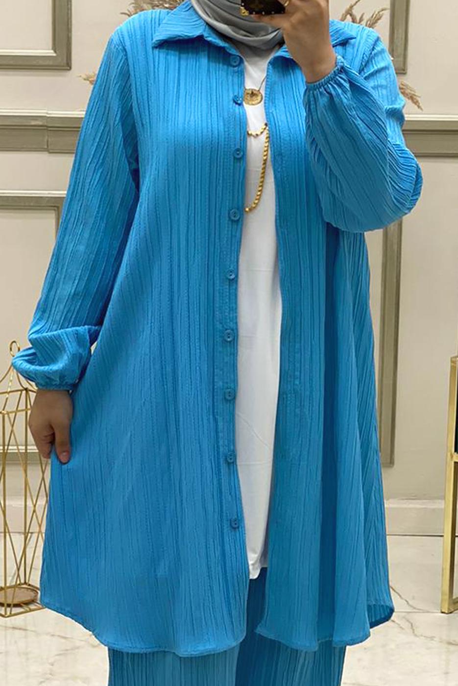Hijab clothing BLUE BUTTONED PANTS SUIT WITH NECKLACE T 50147