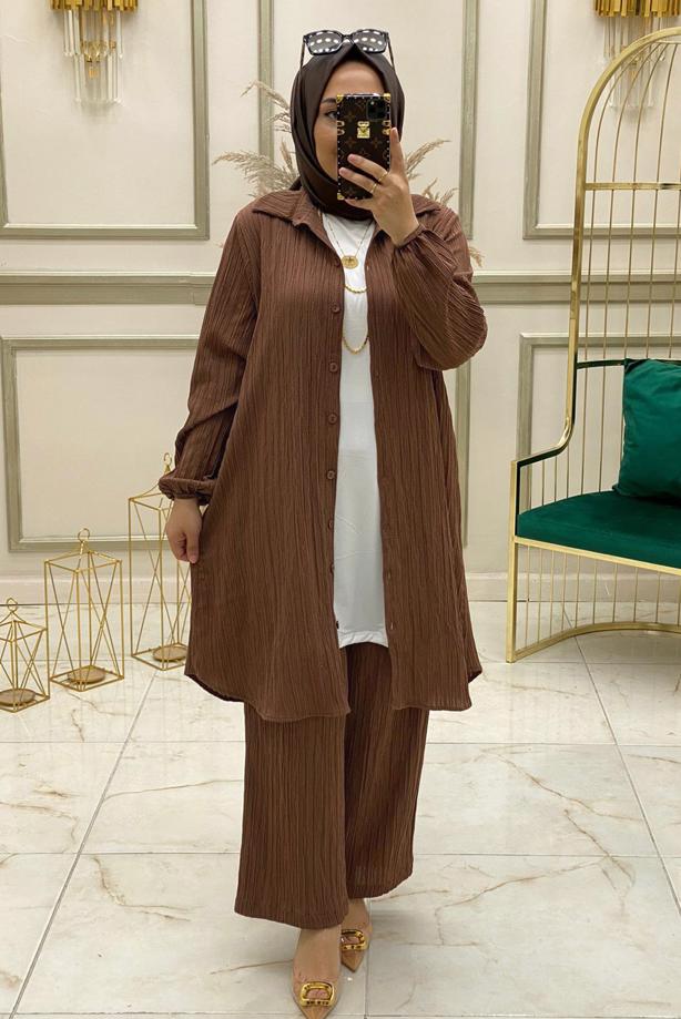 Hijab clothing BROWN BUTTONED PANTS SUIT WITH NECKLACE T 50147 - TRENDTESETTÜR
