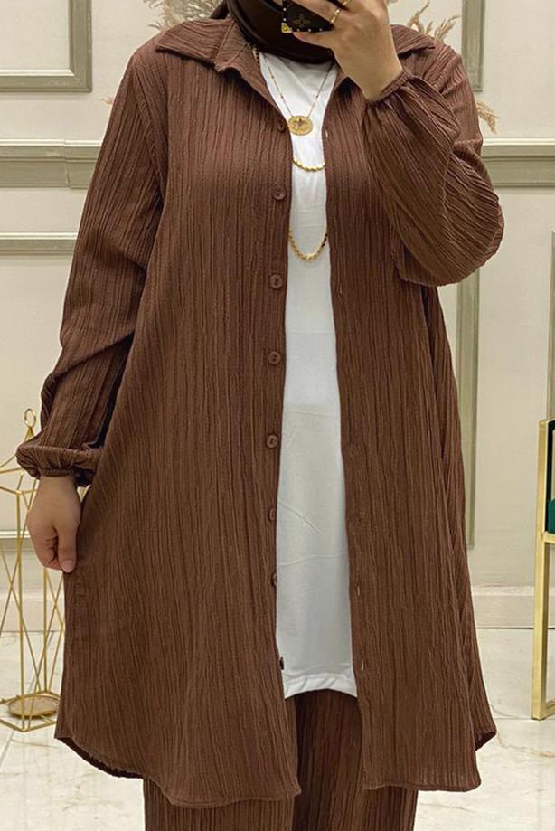 Hijab clothing BROWN BUTTONED PANTS SUIT WITH NECKLACE T 50147 - TRENDTESETTÜR