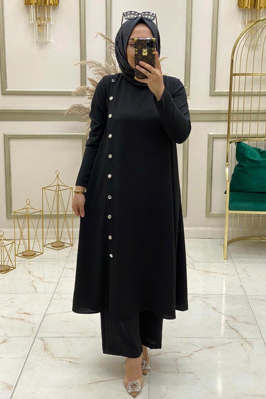 Tesettür giyim SİYAH DÜĞME DETAYLI İKİLİ PANTOLONLU TAKIM T 50184