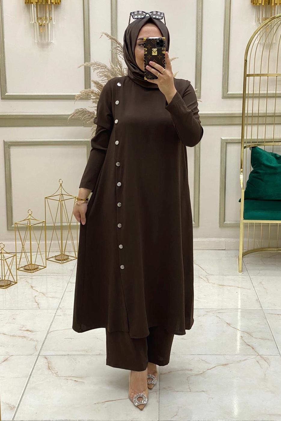 Tesettür giyim KAHVE DÜĞME DETAYLI İKİLİ PANTOLONLU TAKIM T 50184