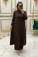 Tesettür giyim KAHVE DÜĞME DETAYLI İKİLİ PANTOLONLU TAKIM T 50184
