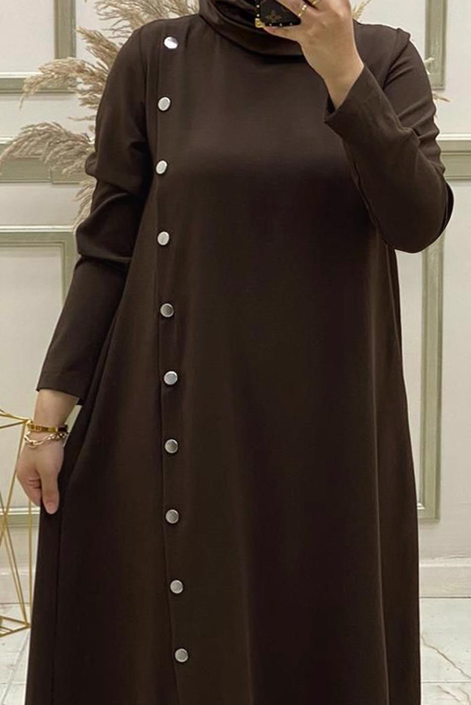 Tesettür giyim KAHVE DÜĞME DETAYLI İKİLİ PANTOLONLU TAKIM T 50184