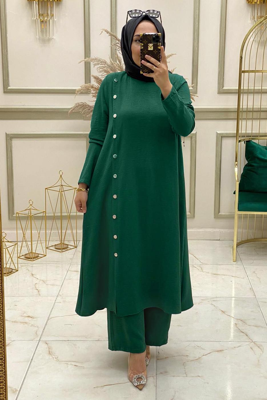 Tesettür giyim YEŞİL DÜĞME DETAYLI İKİLİ PANTOLONLU TAKIM T 50184