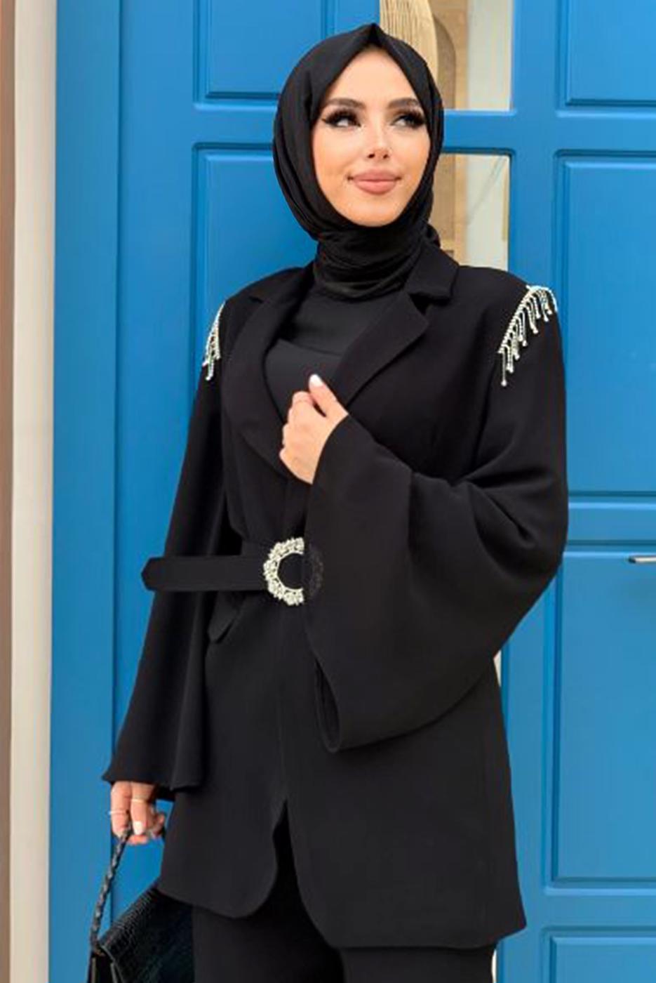 Tesettür giyim SİYAH TAŞ DETAYLI KEMERLİ İKİLİ PANTOLONLU TAKIM T 5048