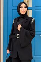 Tesettür giyim SİYAH TAŞ DETAYLI KEMERLİ İKİLİ PANTOLONLU TAKIM T 5048