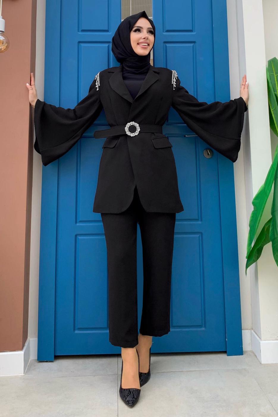Tesettür giyim SİYAH TAŞ DETAYLI KEMERLİ İKİLİ PANTOLONLU TAKIM T 5048