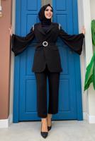 Tesettür giyim SİYAH TAŞ DETAYLI KEMERLİ İKİLİ PANTOLONLU TAKIM T 5048