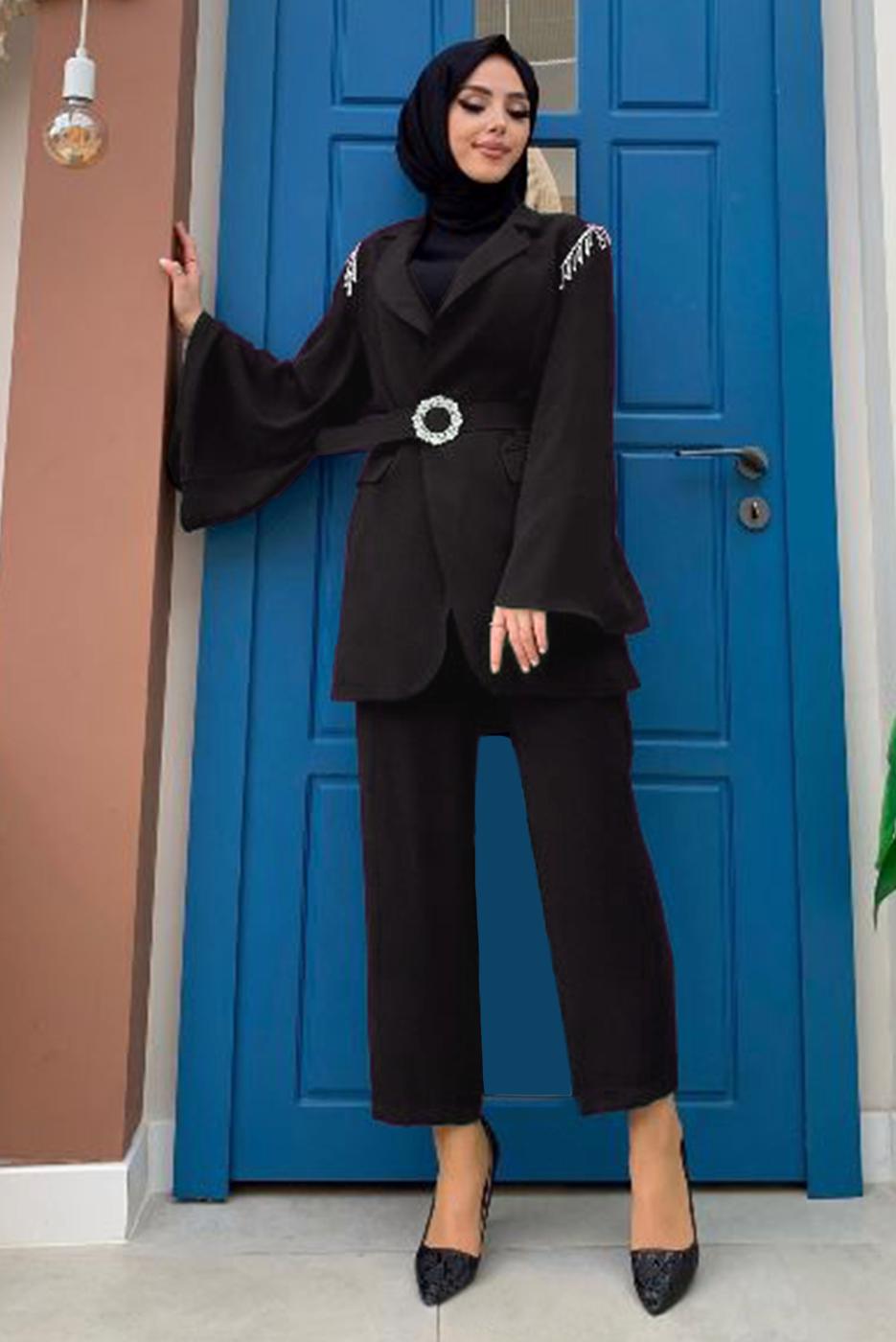 Tesettür giyim SİYAH TAŞ DETAYLI KEMERLİ İKİLİ PANTOLONLU TAKIM T 5048
