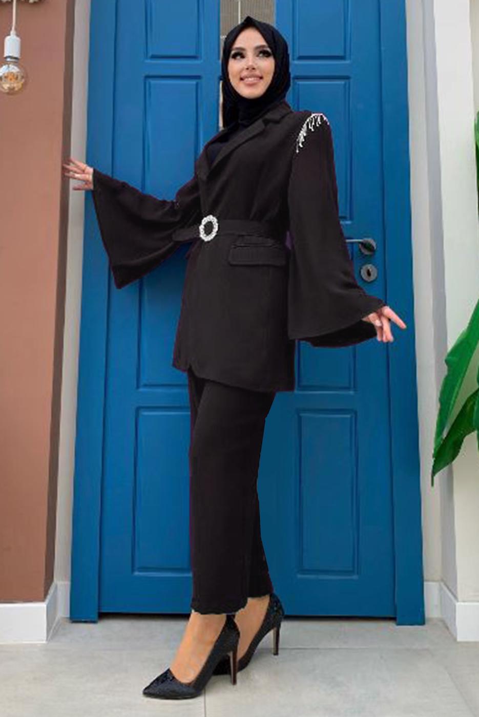 Tesettür giyim SİYAH TAŞ DETAYLI KEMERLİ İKİLİ PANTOLONLU TAKIM T 5048