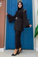 Tesettür giyim SİYAH TAŞ DETAYLI KEMERLİ İKİLİ PANTOLONLU TAKIM T 5048