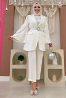 Tesettür giyim EKRU TAŞ DETAYLI KEMERLİ İKİLİ PANTOLONLU TAKIM T 5048