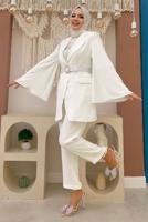 Tesettür giyim EKRU TAŞ DETAYLI KEMERLİ İKİLİ PANTOLONLU TAKIM T 5048