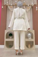 Tesettür giyim EKRU TAŞ DETAYLI KEMERLİ İKİLİ PANTOLONLU TAKIM T 5048