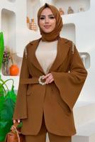 Tesettür giyim TABA TAŞ DETAYLI KEMERLİ İKİLİ PANTOLONLU TAKIM T 5048