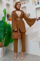 Tesettür giyim TABA TAŞ DETAYLI KEMERLİ İKİLİ PANTOLONLU TAKIM T 5048