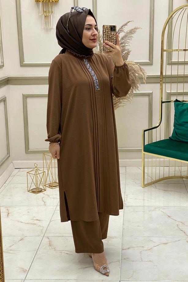 Hijab clothing BROWN GEM EMBROIDERED PANTS SUIT WITH ELASTIC CUFFS T 50800 - TRENDTESETTÜR