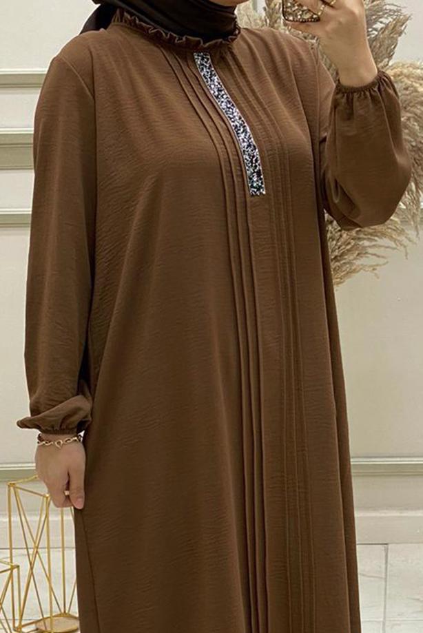 Hijab clothing BROWN GEM EMBROIDERED PANTS SUIT WITH ELASTIC CUFFS T 50800 - TRENDTESETTÜR