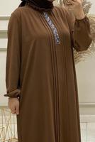 Tesettür giyim KAHVE TAŞ İŞLEMELİ MANŞETLERİ LASTİKLİ PANTOLONLU TAKIM T 50800