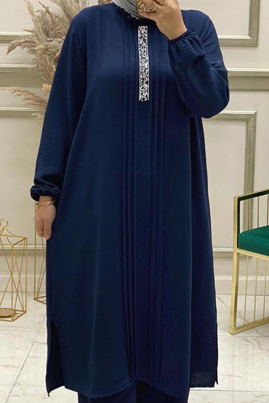 Tesettür giyim LACİVERT TAŞ İŞLEMELİ MANŞETLERİ LASTİKLİ PANTOLONLU TAKIM T 50800