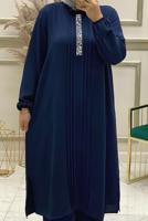 Tesettür giyim LACİVERT TAŞ İŞLEMELİ MANŞETLERİ LASTİKLİ PANTOLONLU TAKIM T 50800