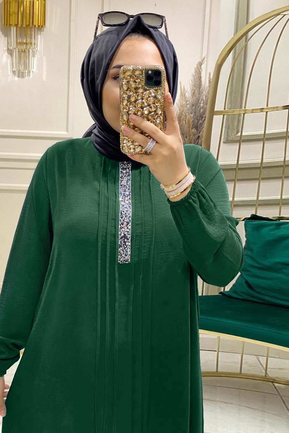 Hijab clothing GREEN GEM EMBROIDERED PANTS SUIT WITH ELASTIC CUFFS T 50800