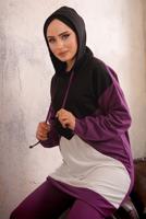 Tesettür giyim MOR KAPÜŞONLU BELİ LASTİKLİ İKİLİ PANTOLON TAKIMI T 5092