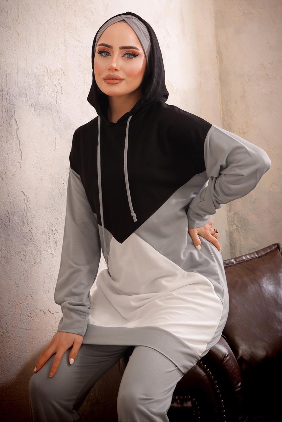 Tesettür giyim GRİ KAPÜŞONLU BELİ LASTİKLİ İKİLİ PANTOLON TAKIMI T 5092