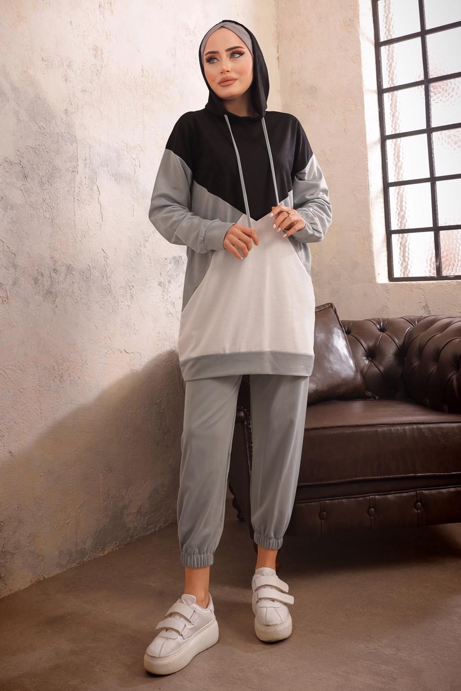 Tesettür giyim GRİ KAPÜŞONLU BELİ LASTİKLİ İKİLİ PANTOLON TAKIMI T 5092