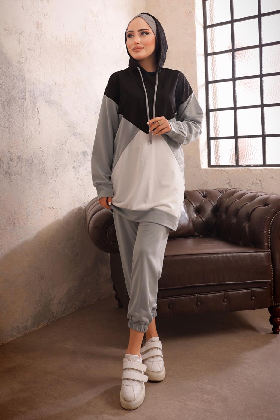 Tesettür giyim GRİ KAPÜŞONLU BELİ LASTİKLİ İKİLİ PANTOLON TAKIMI T 5092