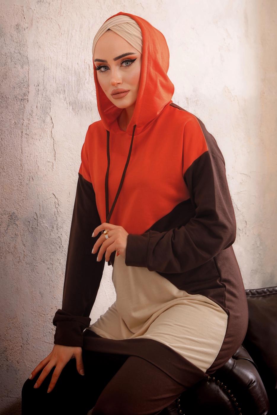 Tesettür giyim KAHVE KAPÜŞONLU BELİ LASTİKLİ İKİLİ PANTOLON TAKIMI T 5092