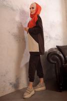 Tesettür giyim KAHVE KAPÜŞONLU BELİ LASTİKLİ İKİLİ PANTOLON TAKIMI T 5092