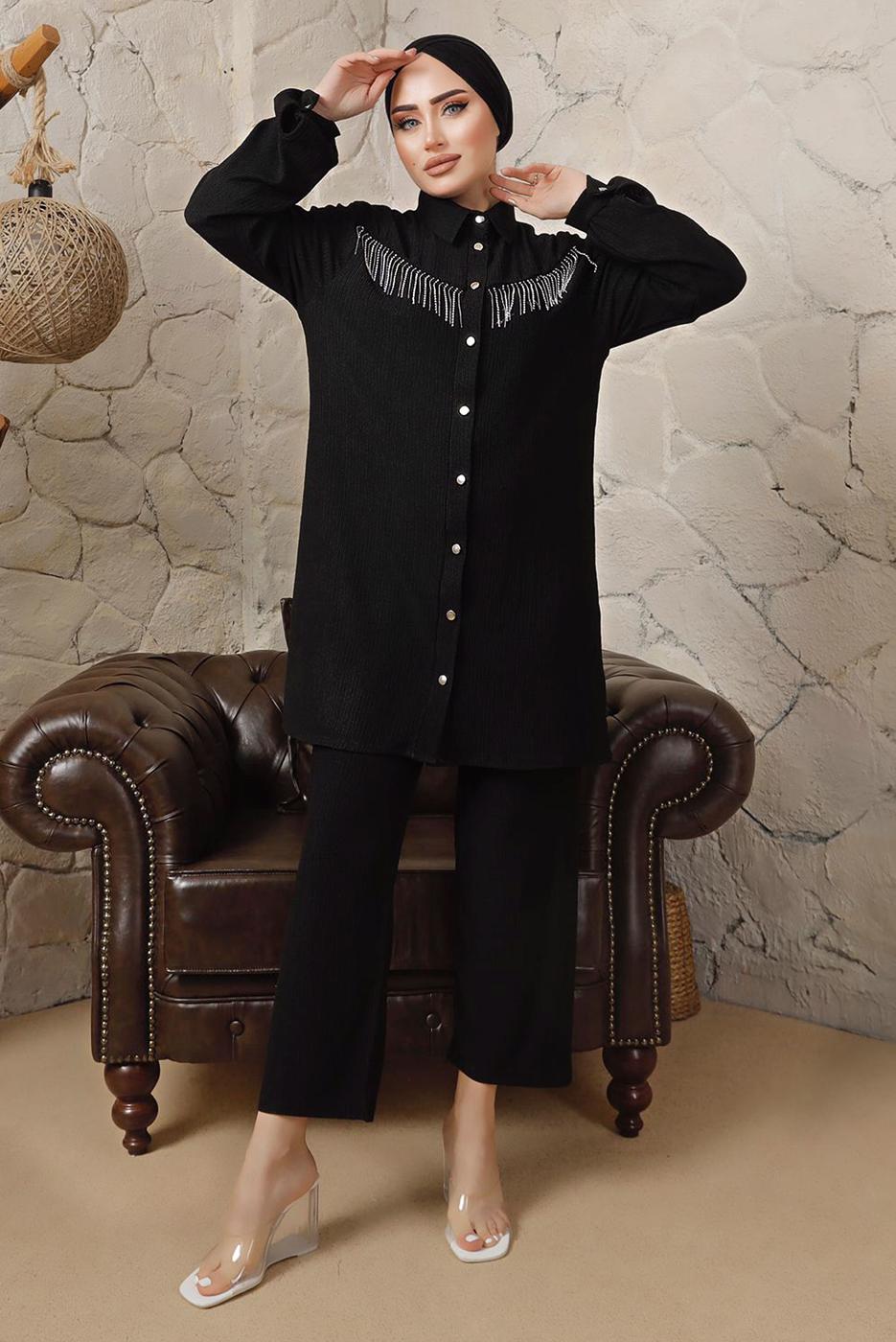 Tesettür giyim SİYAH ZİNCİR DETAYLI DÜĞMELİ İKİLİ PANTOLONLU TAKIM T 5203